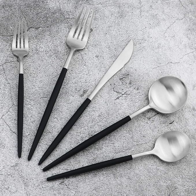 Gugrida Black Handle Matte Silver Silverware Set - Image 2