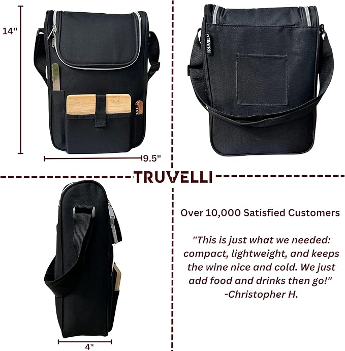Truvelli Black Insulated Wine Tote Bag: Portable 2 Bottle Cheese Waterproof - Image 4
