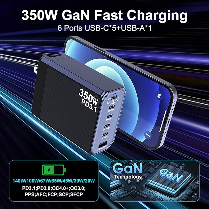 350W USB C Charger, 6-Ports PD3.1 140W Fast Charging Station, GaN Foldable - Image 4
