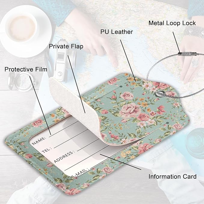 2Pcs Luggage Tag for Suitcase Vintage Floral Shabby Chic Pink Rose Cute - Image 3