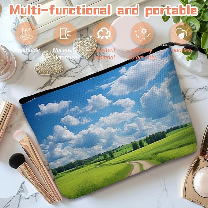 Cosmetic Bags Travel Makeup Toilet Case Waterproof Pouch for Women Girls 6.7X9.45inches - Green Field With A Winding Dirt Road Under Blue Sky