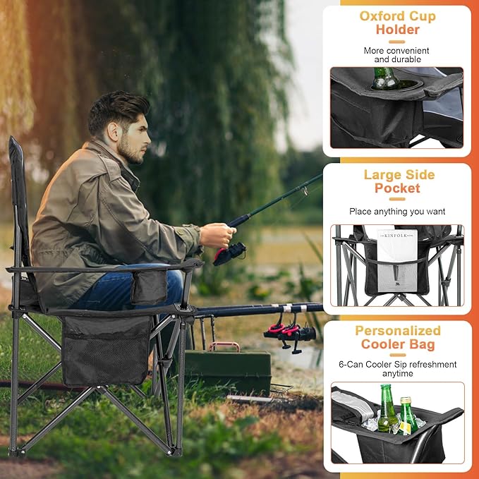 Romswi Oversized Camping Chairs, Heavy Duty Support 500 LBS, Padded Back & Arm - Image 4