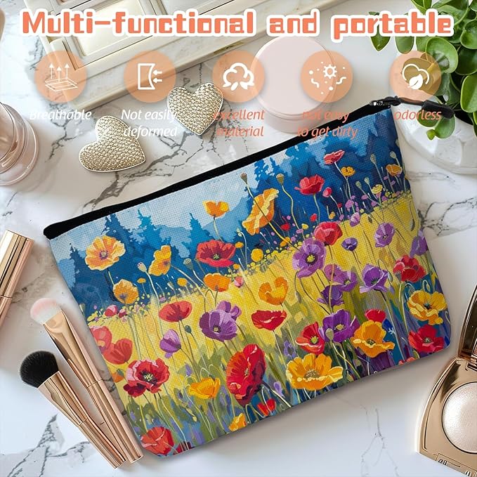 Cosmetic Bags Travel Makeup Toilet Case Waterproof Pouch for Women Girls 6.7X9.45inches - Oil Painting of A Colorful Poppy Field