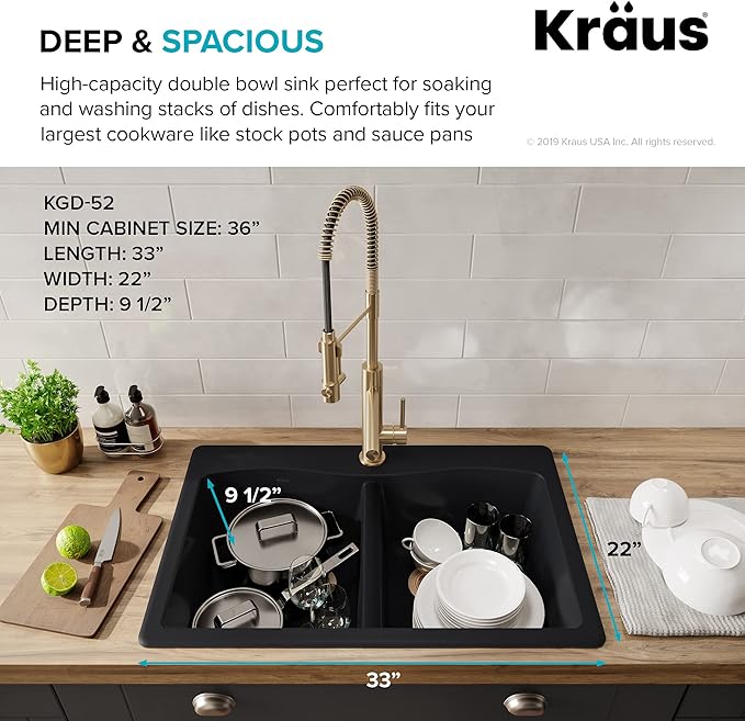 KRAUS Forteza 33-inch Drop in/Undermount 50/50 Double Bowl Granite Kitchen Sink - Image 5