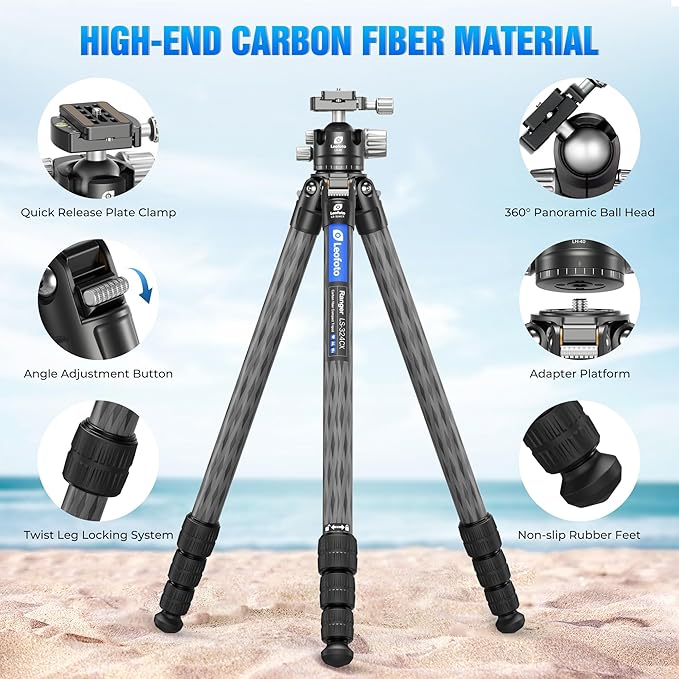 71" Travel Tripod Carbon Fiber for Camera, Compact Lightweight Tripod - Image 2