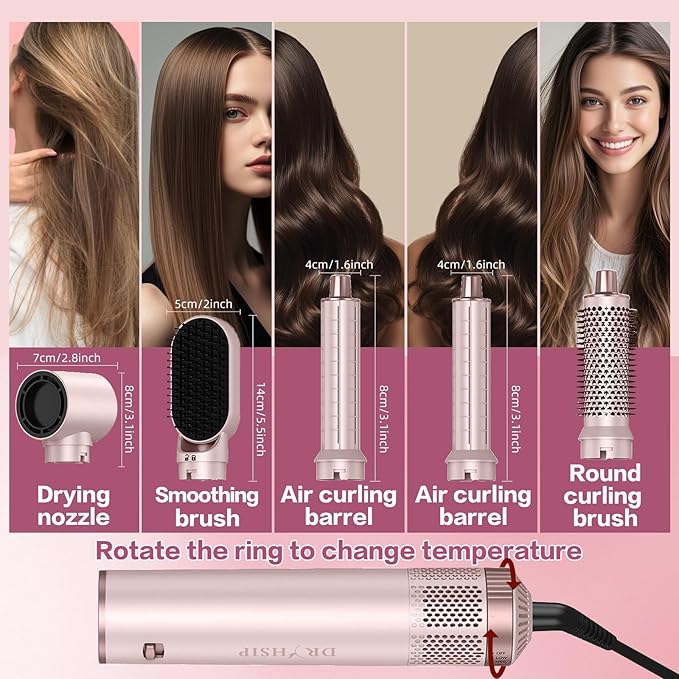 5 in 1 Hair Styler & Hot Air Brush - Air Curling Wrap with Low-Speed Negative Ion Technology, Hair Dryer Brush for Drying, Curling, Straightening & Styling, Hair Styling Tools at Home (Pink)