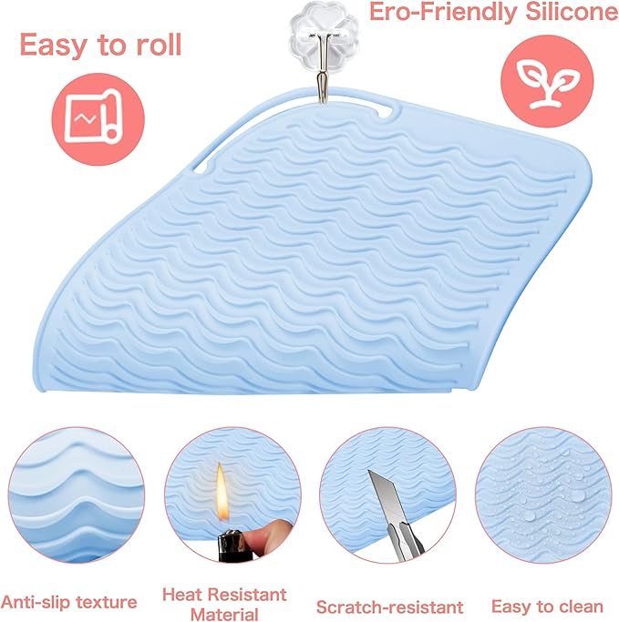 Heysam Professional Heat-Resistant Silicone Heat Mat, Non-Slip Vanity Pad for Flat Iron Hair Straightener and Curling Iron Hair Tools Heating Pad Mat, Suitable for Travel Essentials Case, 9"x6.5"-Blue