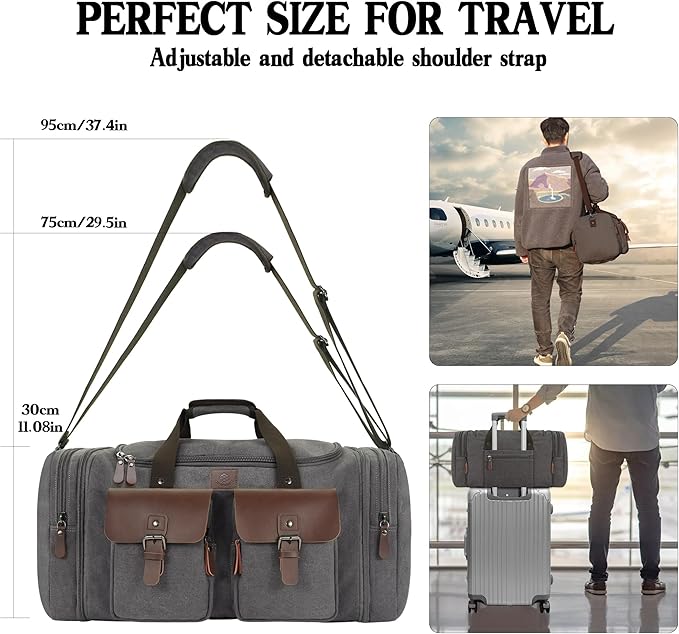 Canvas Duffle Bag for Men 50L Travel Duffel Bags Expandable Genuine Leather - Image 7