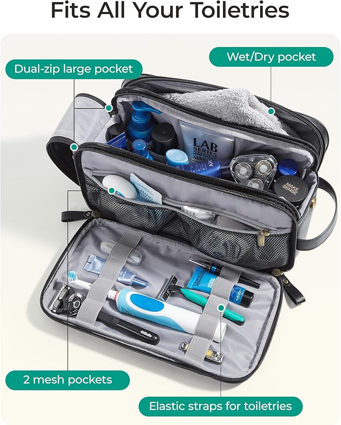 BAGSMART Toiletry Bag for Men, PU Leather Travel Bag for Toiletries, Dopp Kit - Image 3