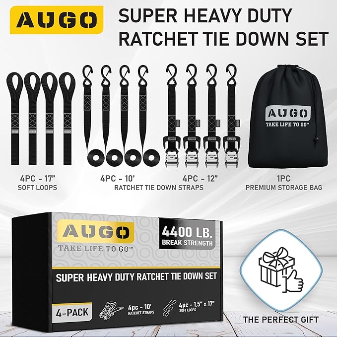 AUGO Heavy Duty Ratchet Straps & Soft Loops – Pack of 4 Extra Strong 1.5” by - Image 4