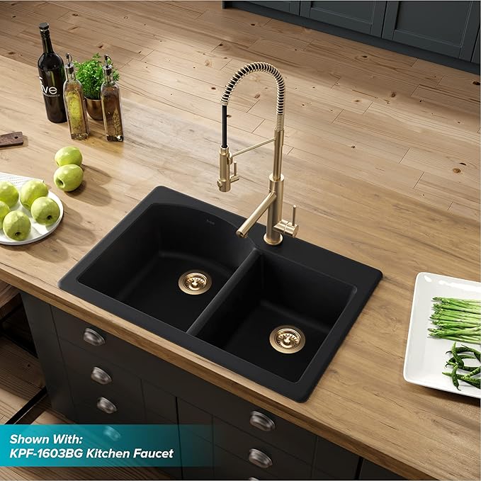 KRAUS Forteza™ 33” Dual Mount 60/40 Double Bowl Granite Kitchen Sink in Black - Image 4