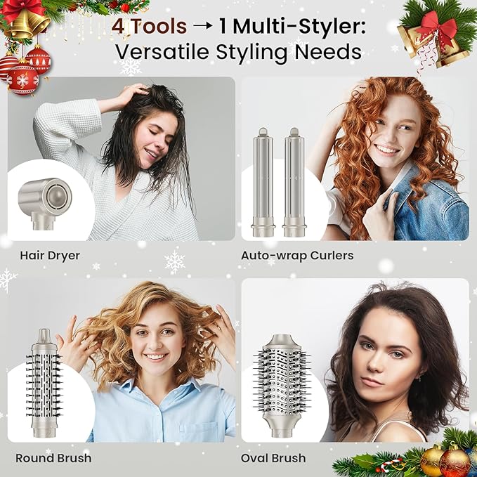 MESCOMB Upgraded 5 in 1 Hot Air Styler – 110,000 RPM Hair Dryer Brush with Automatic Curling Barrel, Volumizer for Curl, Smooth & Blowout, Anti-Frizz & No Heat Damage (Champagne)