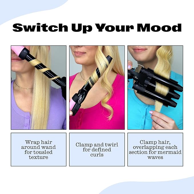 Trademark Beauty Interchangeable Iron Styling Kit - 3 in 1 Curling Iron, Hair Waver, and Curling Wand, Hair Styling Tool, 1 Inch Barrels, Mood - Pink/Black