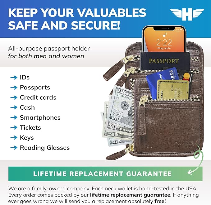 HERO Neck Wallet, RFID Blocking Passport Holder, Vegan Leather Travel Pouch - Image 2