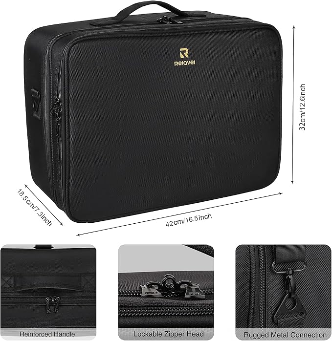 Relavel Extra Large Makeup Case and Makeup Brush Holder Bag, Professional Makeup Organizer, Large Capacity with Adjustable Dividers and Shoulder Strap (Black)
