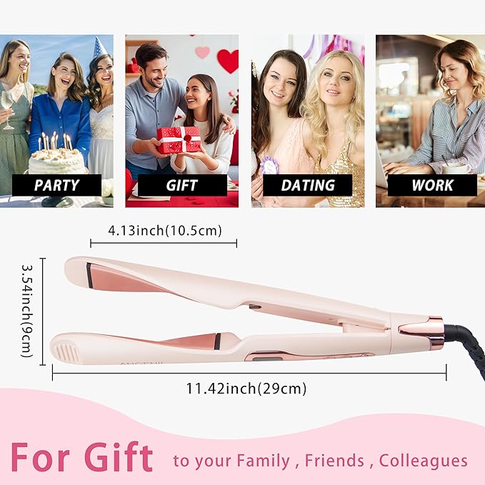 ANGENIL Pro Hair Straightener and Curler 2 in 1, Twist Flat Iron Hair Straightener for Women, Dual Voltage Round Pink Flat Iron with Anti-Scalding Silicone Mat, 11 Adjustable Temp for All Hair Types