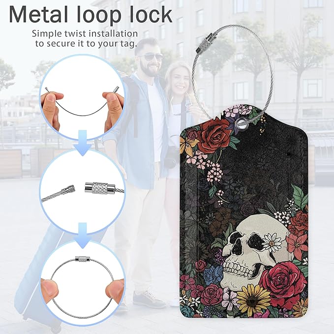Skull Flowers Luggage Tags, 2 Pack Luggage Tag, Leather Privacy Cover ID Label - Image 5