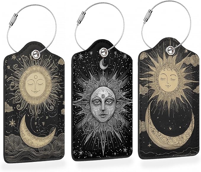 Vintage Boho Sun and Moon 3 PCS Luggage Tags, Leather Suitcase Tags by Losthll