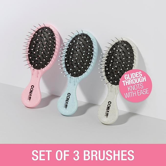 Conair Detangling Mini Hair Brush Set, 3-Pack Detangler Brushes for Wet or Dry Hair, Gentle Detangler for All Hair Types, Hair Brushes for Women and girls. gifts for her, Silver, Blue, Pink