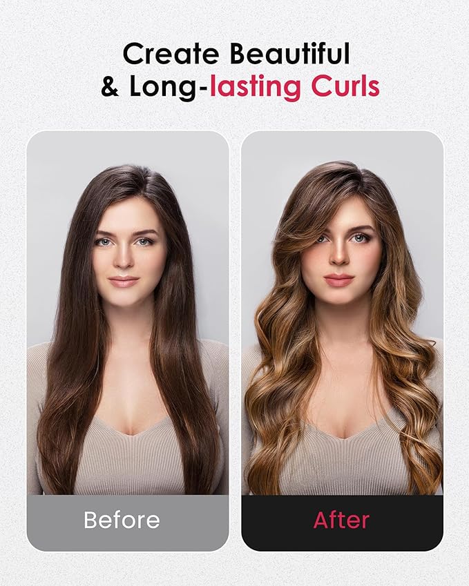 Curling Wand for Long Hair - Ceramic Tourmaline Barrel with 40000000 Negative Ions, Defined Curls and Easy to Use with Temperature Control for All Hair Types,