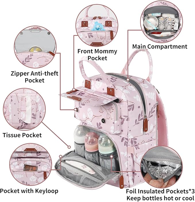 Diaper Bag Backpack for Baby Girl, Large Pink Floral Baby Diaper Bags, Baby - Image 4