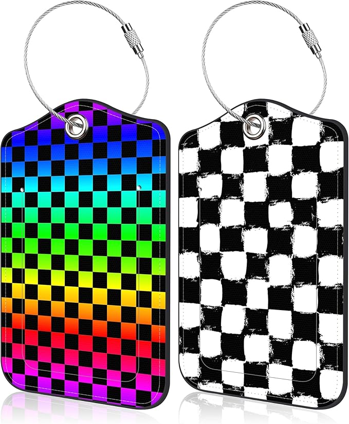 2 Pack Luggage Tags Rainbow Squares and Checkered Flag PU Leather Baggage Tag by Unknown