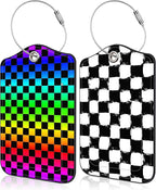 2 Pack Luggage Tags Rainbow Squares and Checkered Flag PU Leather Baggage Tag by Unknown