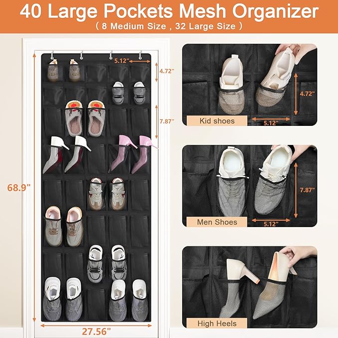 FENTEC 40 Large Pockets Over The Door Shoe Organizer, Mesh Hanging Shoe - Image 6