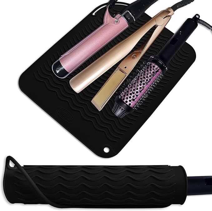 12" X 9" Large Heat Resistant Silicone Mat for Hair Styling Tools, Curling Iron Mat, Flat Iron Holder, Hair Straightener Pad, Makeup Mat, Hot Tools Mat for Travel Vanity Salon - Black