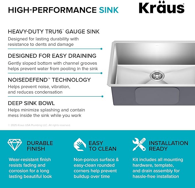 KRAUS Standart PRO 28-inch 16 Gauge Undermount Single Bowl Stainless Steel - Image 12