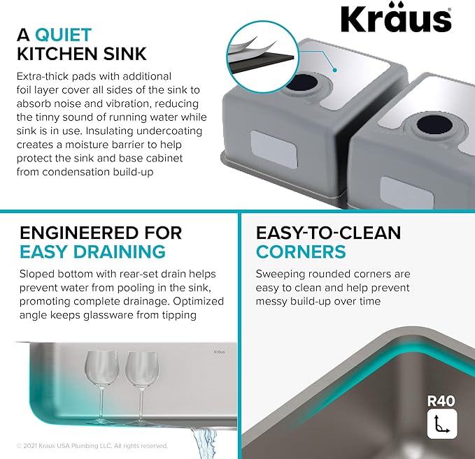 KRAUS Dex 33-Inch Undermount 50/50 Double Bowl TRU16 Gauge Stainless Steel - Image 4