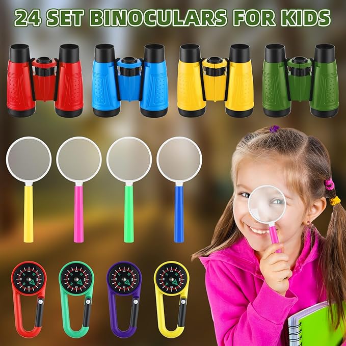 Wettarn 24 Pack Kid Mini Compact Binocular Compass Magnifying Glass Set - Image 2