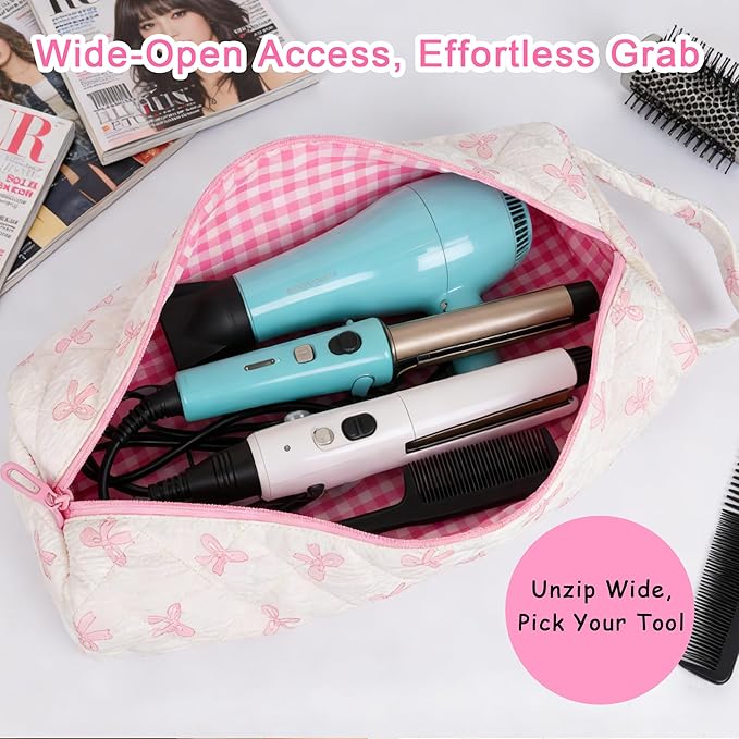 Hair Tool Bag with Matching Small Pouch, Pink Bow Quilted Hair Tools Travel Bag, Cute Large Styling Tool Storage Case Compatible with Shark Flex Dyson Airwrap, Ideal Gift for Women Girls