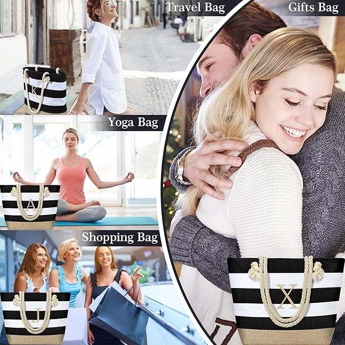 YOOLIFE Initial Canvas Waterproof Beach Tote Bag Zipper Personalized Gifts - Image 3