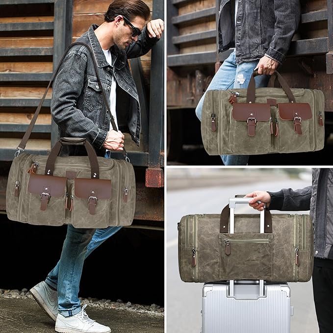 Waxed Canvas Duffle Bag for Men 60L Travel Duffel Bags Expandable Genuine - Image 7