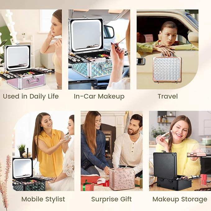Makeup Case with Magnetic Lighted Mirror Makeup Organizer Box Travel Cosmetic - Image 8