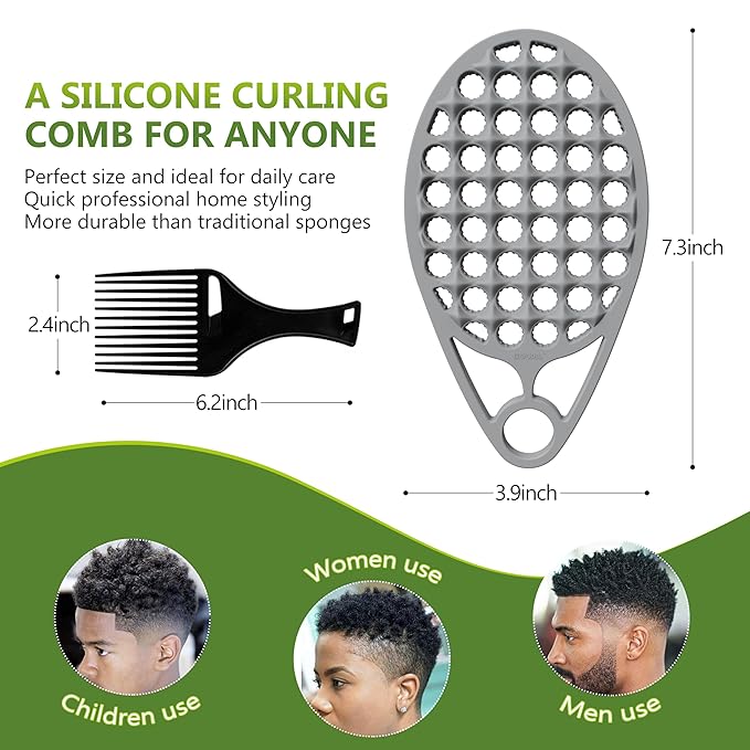 KOUPA Silicone Curly Hair Brush with Pick Comb, One Piece Twist Curl Comb for Afro Curls, Washable Hair Tool for Men Women, Grey