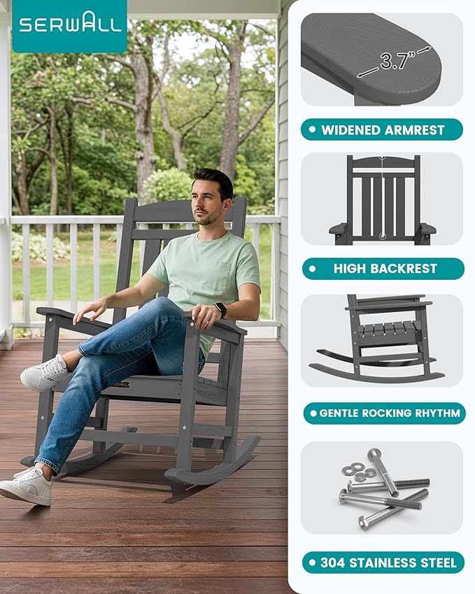 SERWALL Outdoor Rocking Chair, HDPE Patio Rocking Chair All-Weather Porch Rocker - Image 5