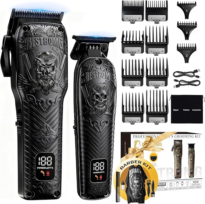 Professional Cordless Mens Hair Clippers & Beard Trimmer Kits & Sets,Metal Hair Clippers Cutting Grooming Kit with Long Battery Life for Family Barber Use (Black)