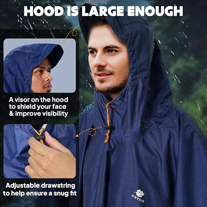 ANYOO Hooded Rain Poncho for Adults Waterproof Lightweight Rain Coat for Men - Image 4