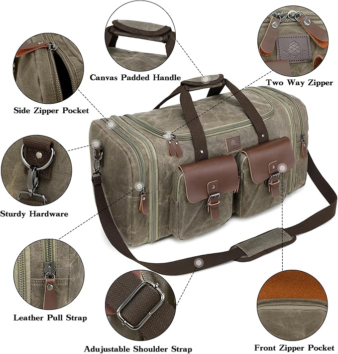 Waxed Canvas Duffle Bag for Men 50L Travel Duffel Bags Expandable Genuine - Image 4