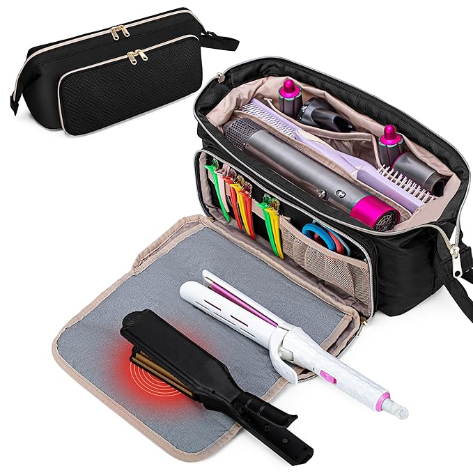 Fasrom Hair Tools Travel Bag with Heat Resistant Mat for Flat Iron, Curling Iron and Straightener, 2 in 1 Blow Dryer Organizer Case for Styling Appliances and Hot Items, Black (Patent Design)
