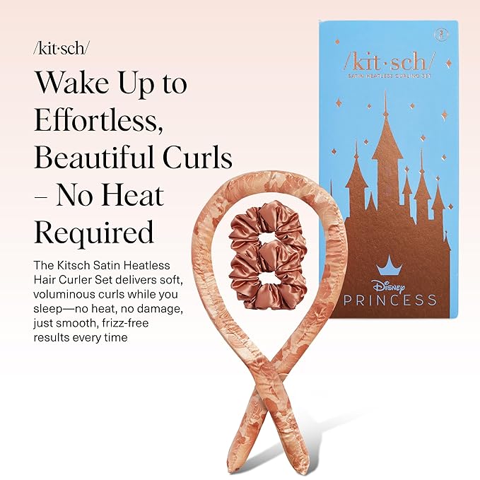 Disney & Kitsch Satin Heatless Curlers Set – Heatless Curls Overnight, with Comfortable No Heat Hair Curlers to Sleep In and 2 Satin Scrunchies for Frizz-Free & Non-Damage Styling - Princess Party