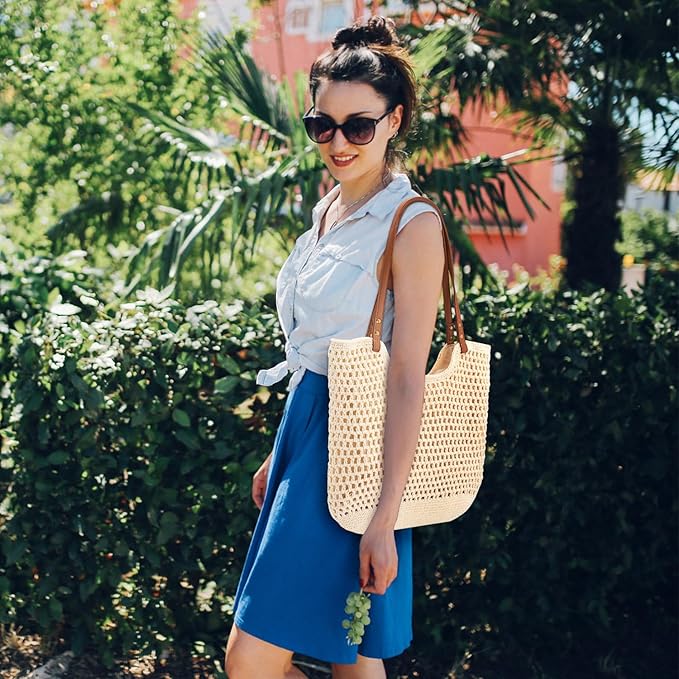 Peicees Crochet Beach Bag For Women Summer Tote Bag Boho Shoulder Bag - Image 6