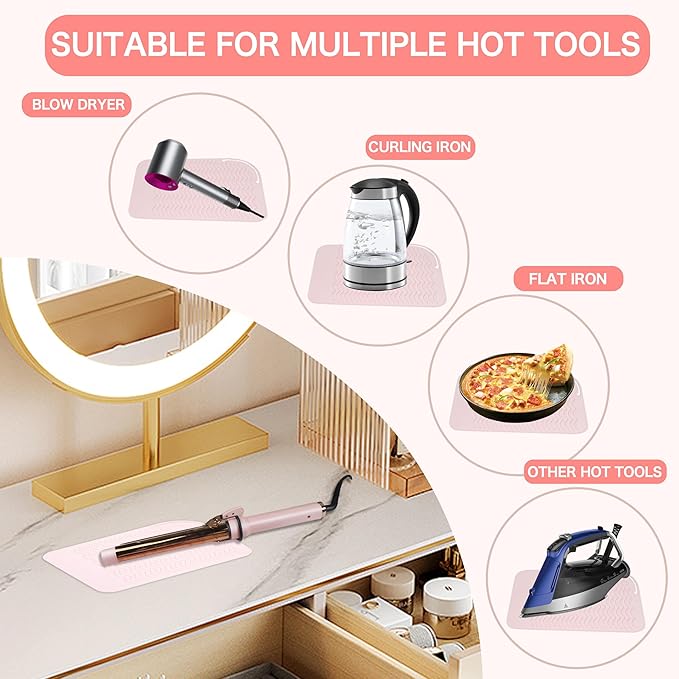 Heysam Silicone Heat Resistant Mat for Flat Iron Hair Straightener Pad, Travel Portable Curling Iron Pad, Non-Slip Vanity Mat for Hair Tools, Size 9"x6.5", Rose Red