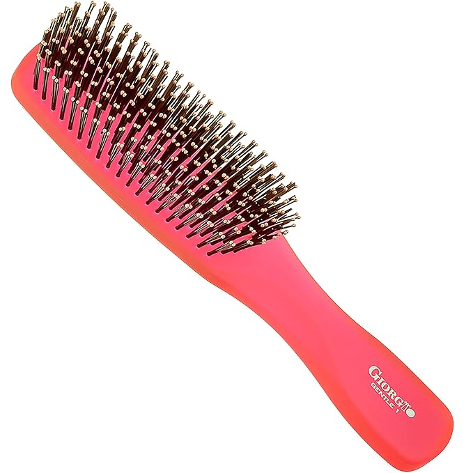 Giorgio GION1R Neon Red 7.75 inch Gentle Touch Detangler Hair Brush for Men and Women. Soft Bristles for Sensitive Scalp. Wet and Dry for all Hair Types. Scalp Massager Brush Stimulate Hair Growth