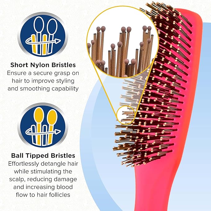 Giorgio GION1R Neon Red 7.75 inch Gentle Touch Detangler Hair Brush for Men and Women. Soft Bristles for Sensitive Scalp. Wet and Dry for all Hair Types. Scalp Massager Brush Stimulate Hair Growth
