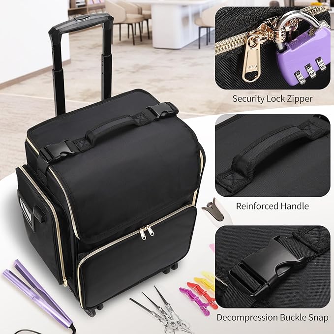Large Makeup Train Case for Hairstylists & Hairdressers - Cosmetic Organizer with Detachable Pouch, Heat-Insulated & Anti-Scald Full Layer, Hairdressing Tool Storage Trolley with 4 360° Swivel Wheels