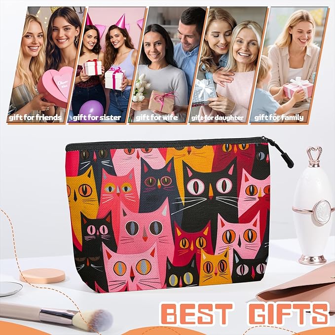 Cosmetic Bags Travel Makeup Toilet Case Waterproof Pouch for Women Girls 6.7X9.45inches - Multicolored Cat Portraits in A Tight Arrangement
