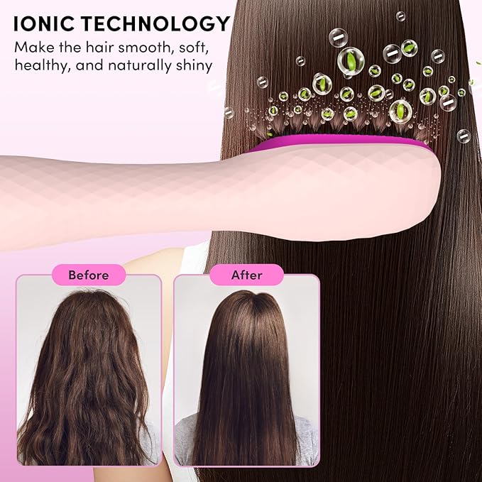 Longyu 3 in 1 Hair Dryer Brush Straightener 1200W Negative Ionic Hot Air Brush One Step Blow Dryer and Styler for Straightening Drying Smoothing (Pink)